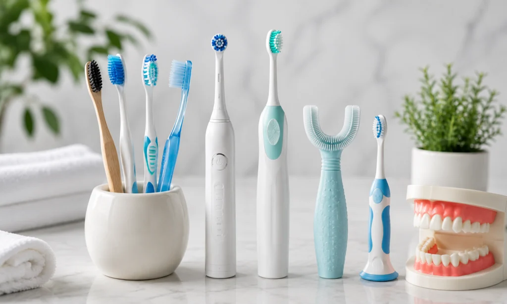 Different types of manual and electric toothbrushes displayed for oral hygiene and dental care