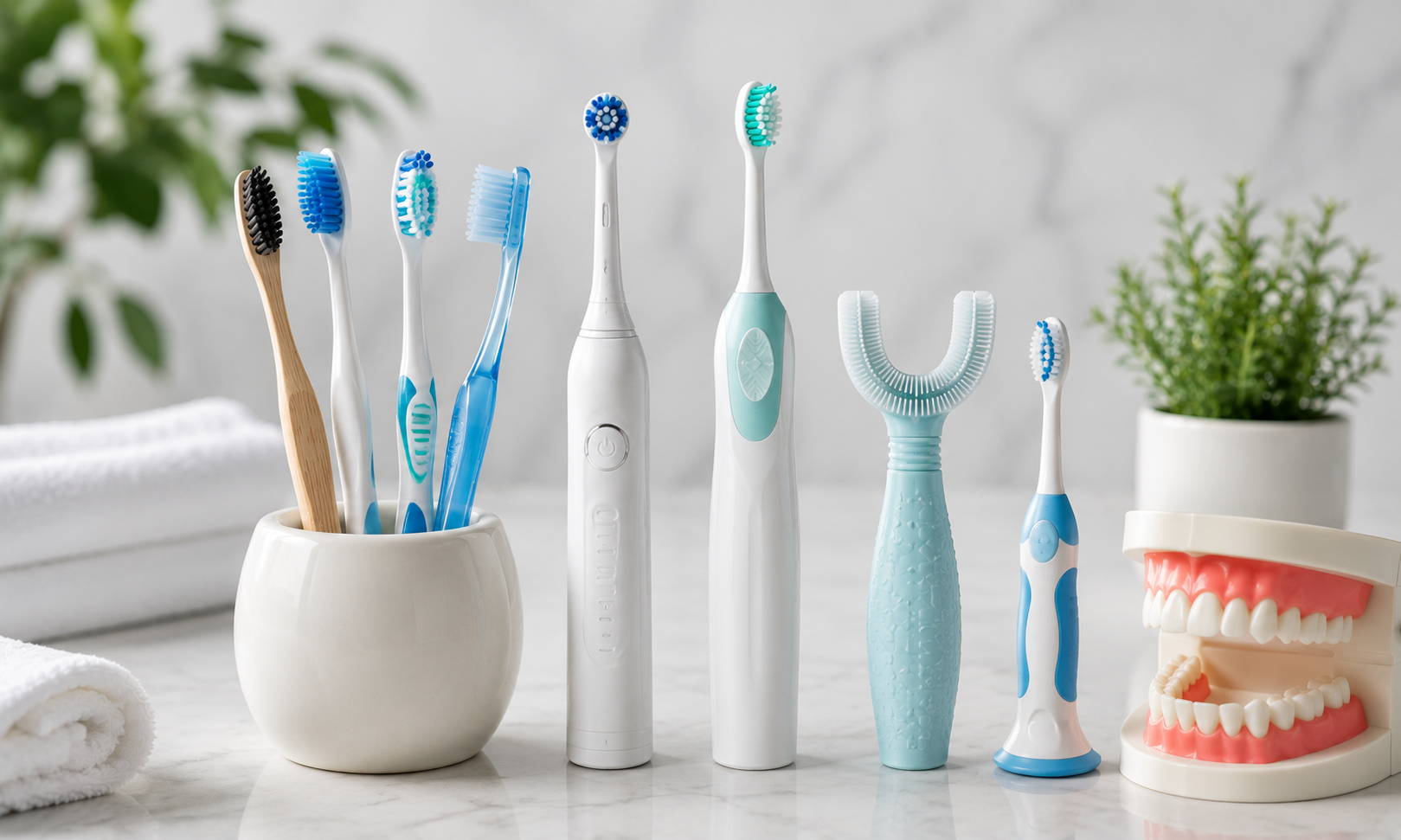 Different types of manual and electric toothbrushes displayed for oral hygiene and dental care